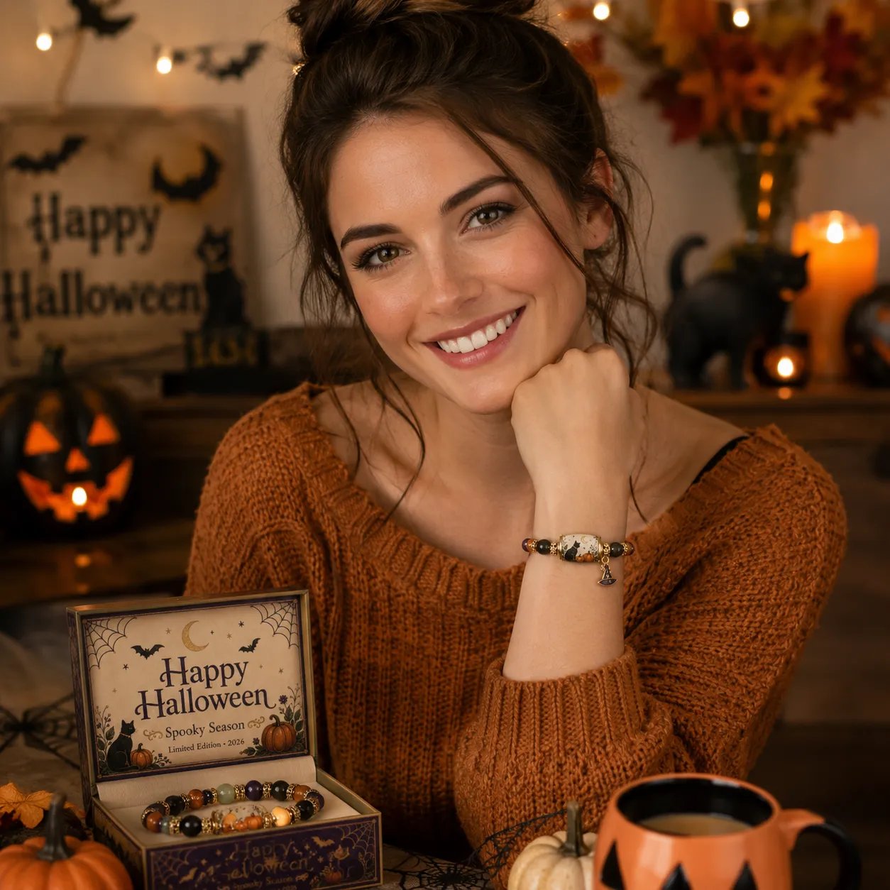 Limited Edition 2026 Halloween black cat and pumpkin beaded bracelet gift set
