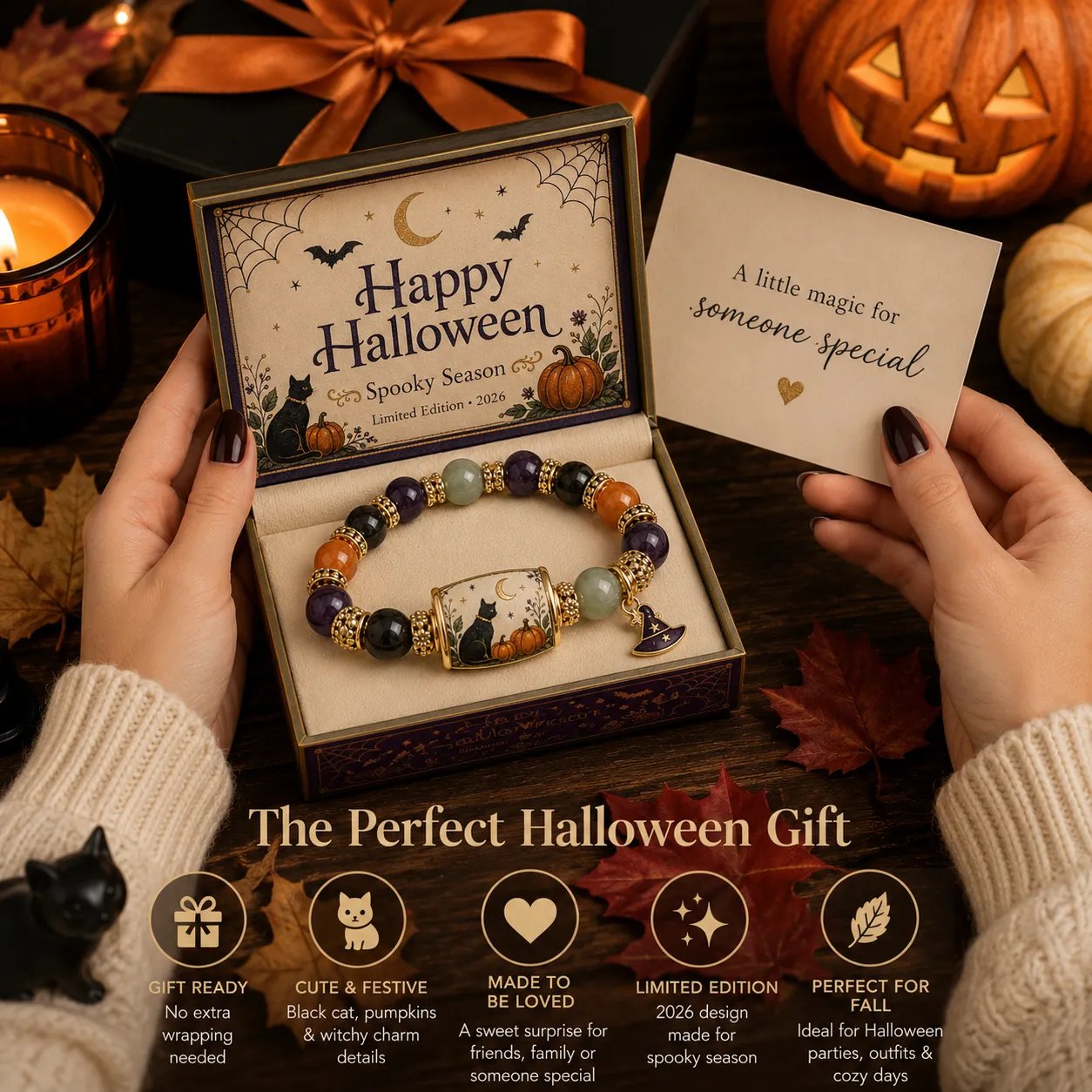 Black cat pumpkin Halloween bracelet detail with purple and orange beads