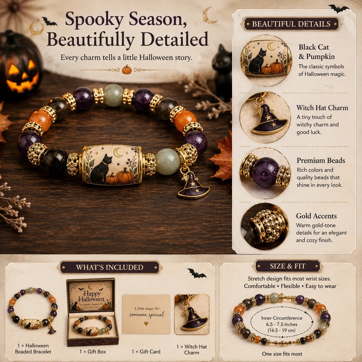 Halloween beaded bracelet with black cat pumpkin moon and witch-inspired details