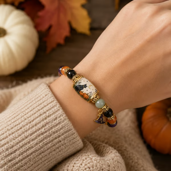 Limited edition Halloween black cat pumpkin bracelet seasonal jewelry presentation