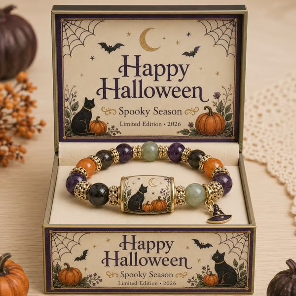 Halloween black cat pumpkin beaded bracelet seasonal gift set