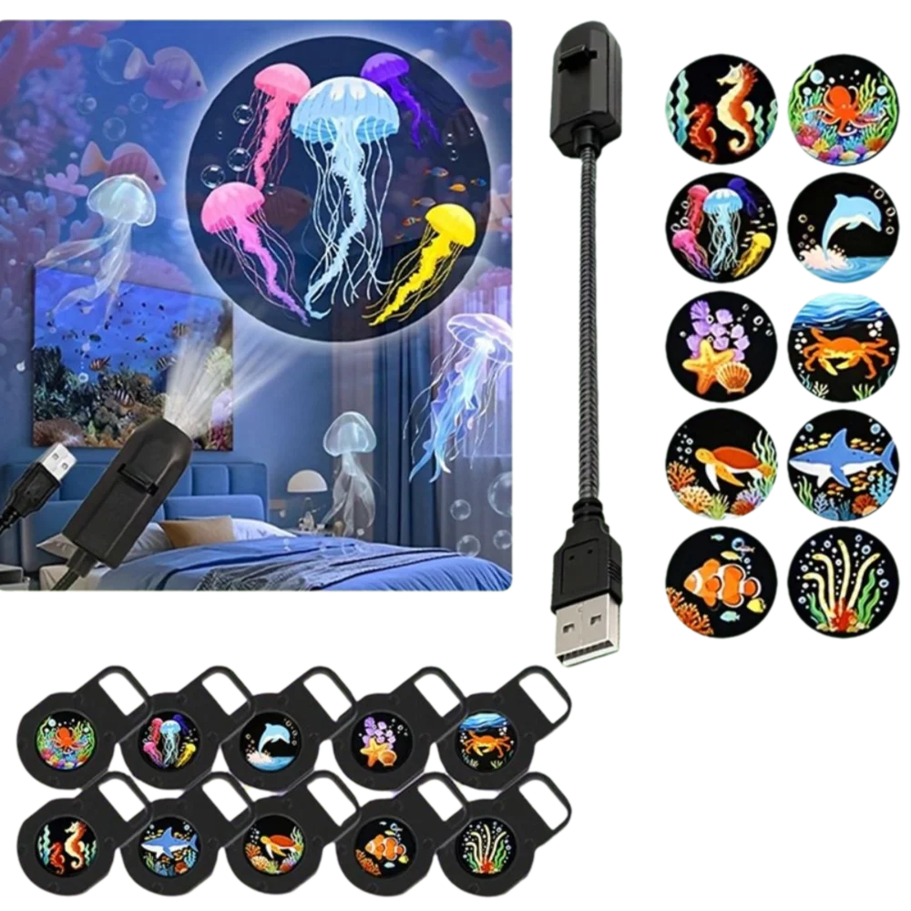 Mini USB projector casting jellyfish on a wall