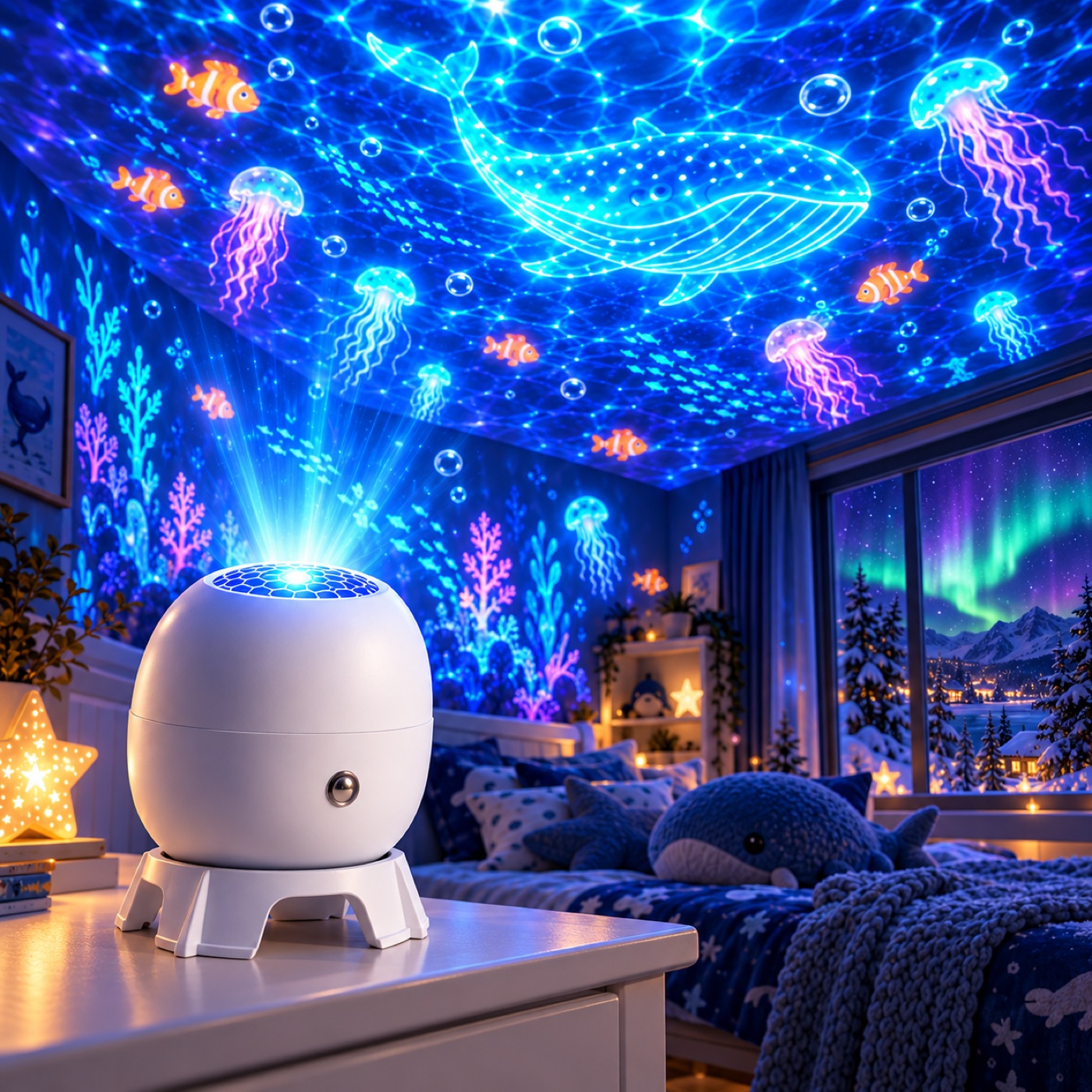 BellaSay Dome projector filling a nursery with jellyfish and whales