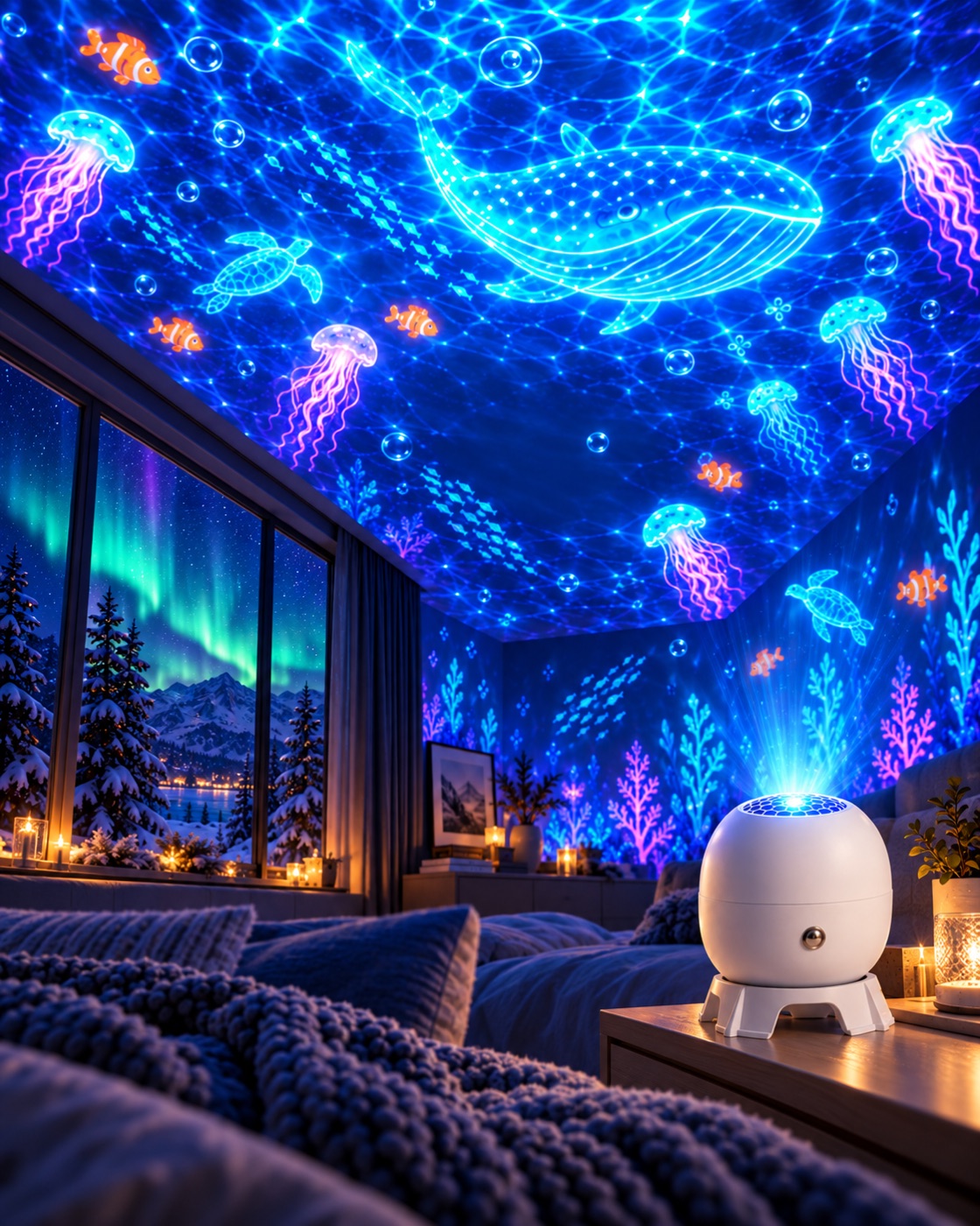 Bedroom ceiling covered in projected ocean scenes