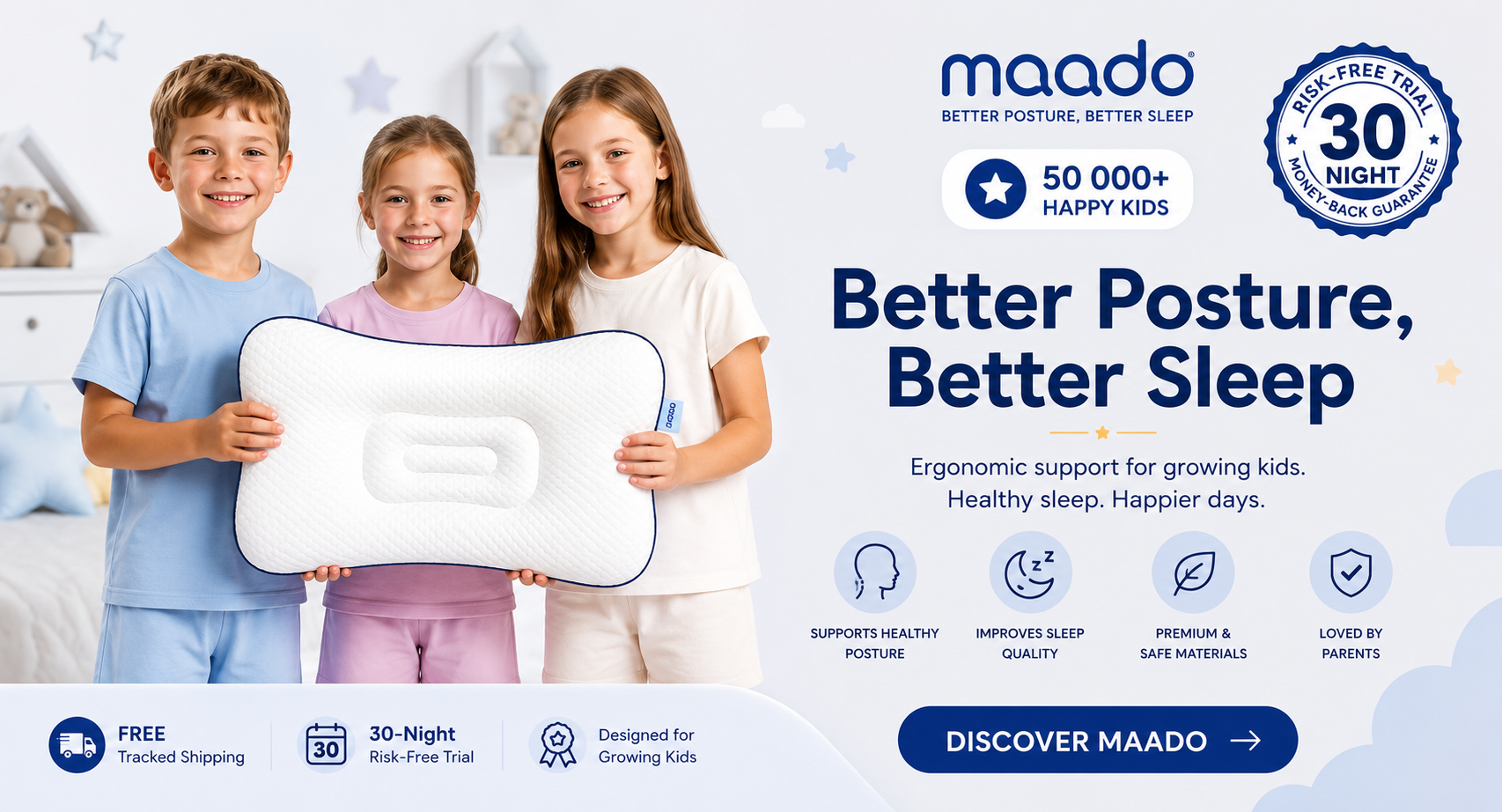 Three kids holding the Maado Posture Kids Pillow – Better Posture, Better Sleep