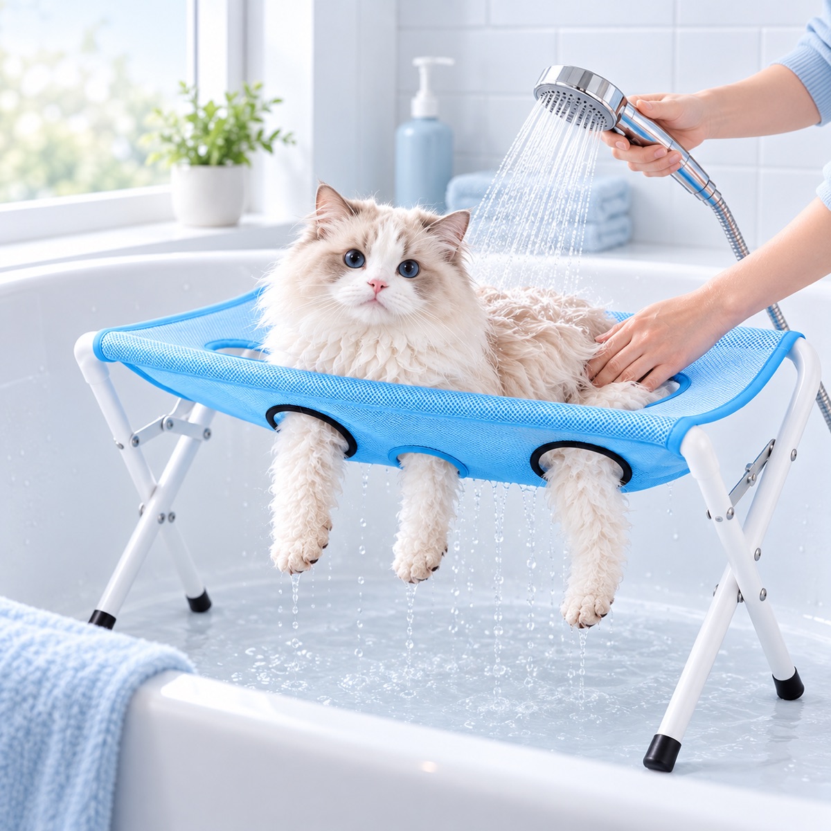 Cat being rinsed on the hammock