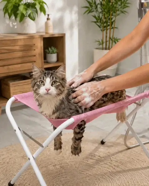 Cat being bathed on the hammock
