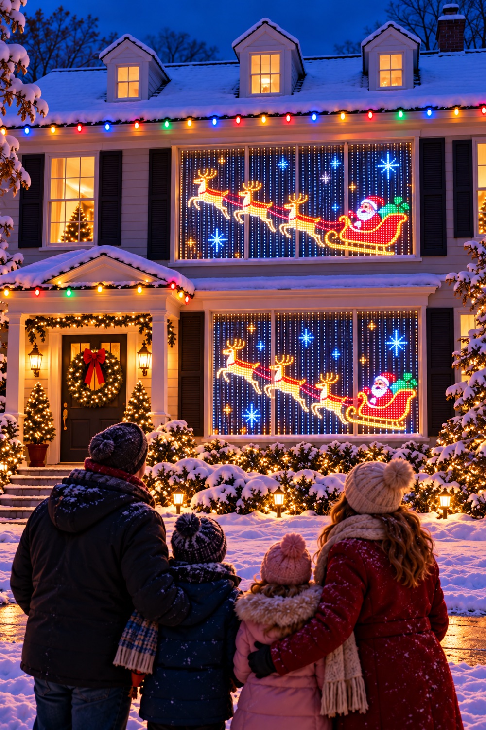 Snowy house with Santa's sleigh drawn in lights on the front windows