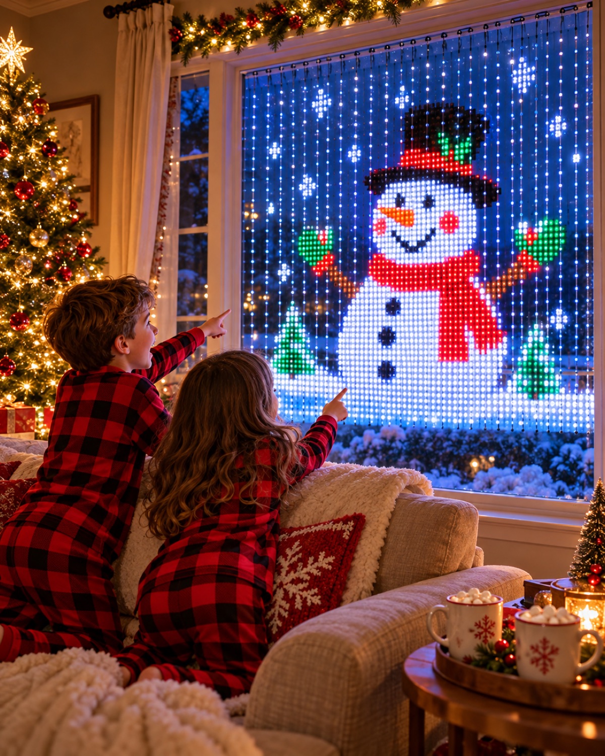 Two kids in plaid pajamas pointing at a pixel snowman