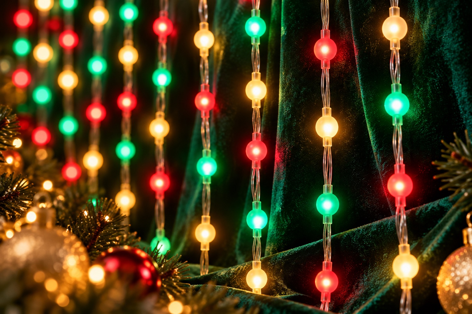 Close-up of glowing LED strands in red, gold and green