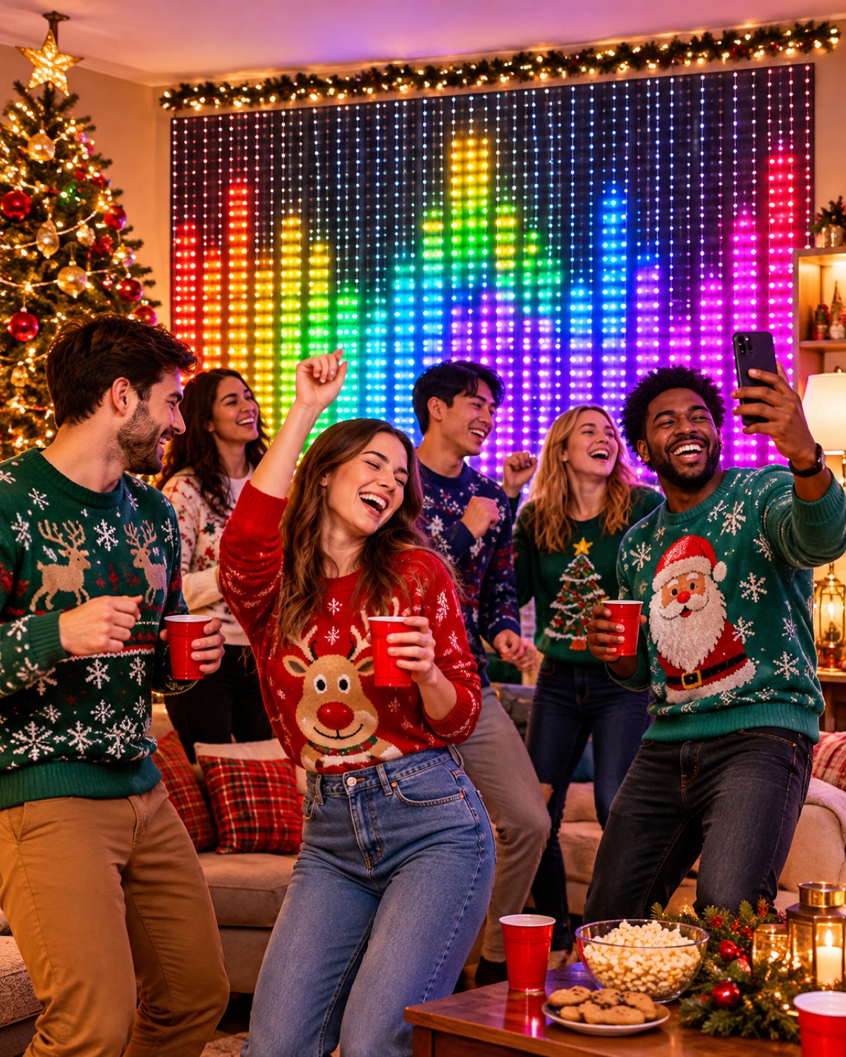 Friends in holiday sweaters dancing in front of a music-sync light wall