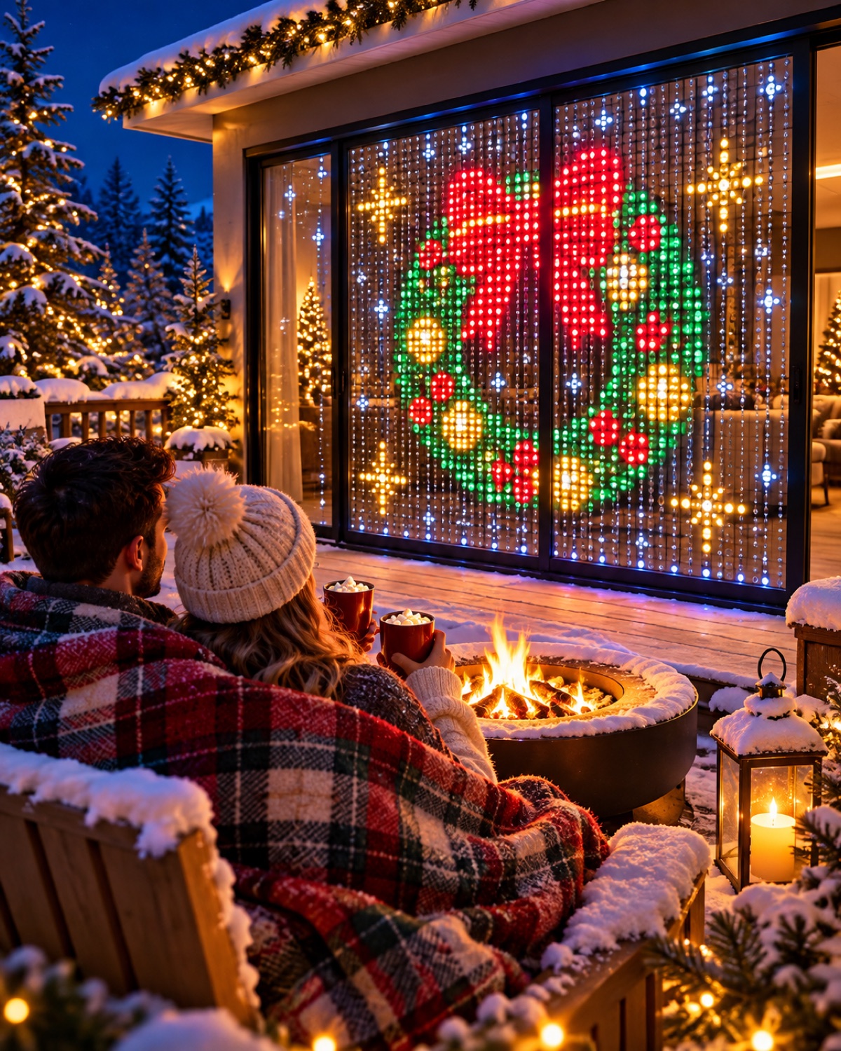 Snowy patio at night with a pixel wreath on the sliding door
