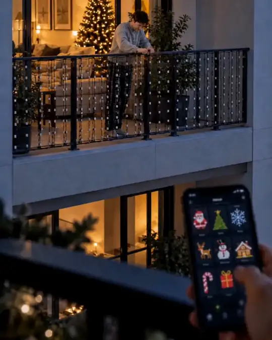 AlpineLumi lights turning a balcony and a porch into Christmas scenes, switched on from the velasay app