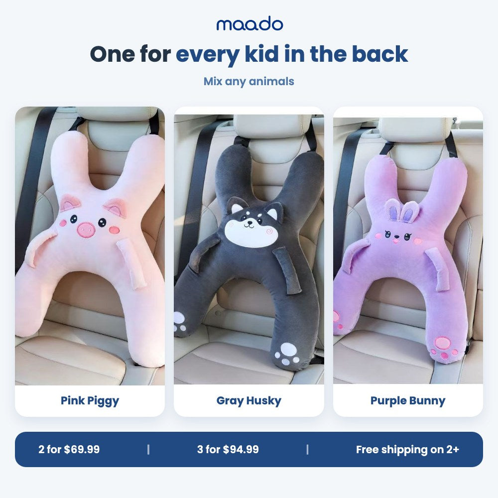 Pink Piggy, Gray Husky and Purple Bunny road trip pillows